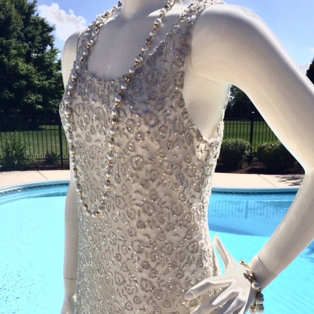 NWT Gorgeous Lg silver gold off white cream glitter sequin lace slip dress 8-10